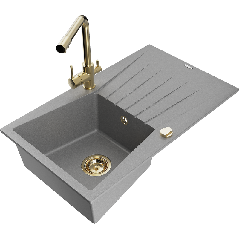 Mexen Cesar 1-bowl granite sink with drainer and Duero kitchen tap, grey - 6514-71-671600-50