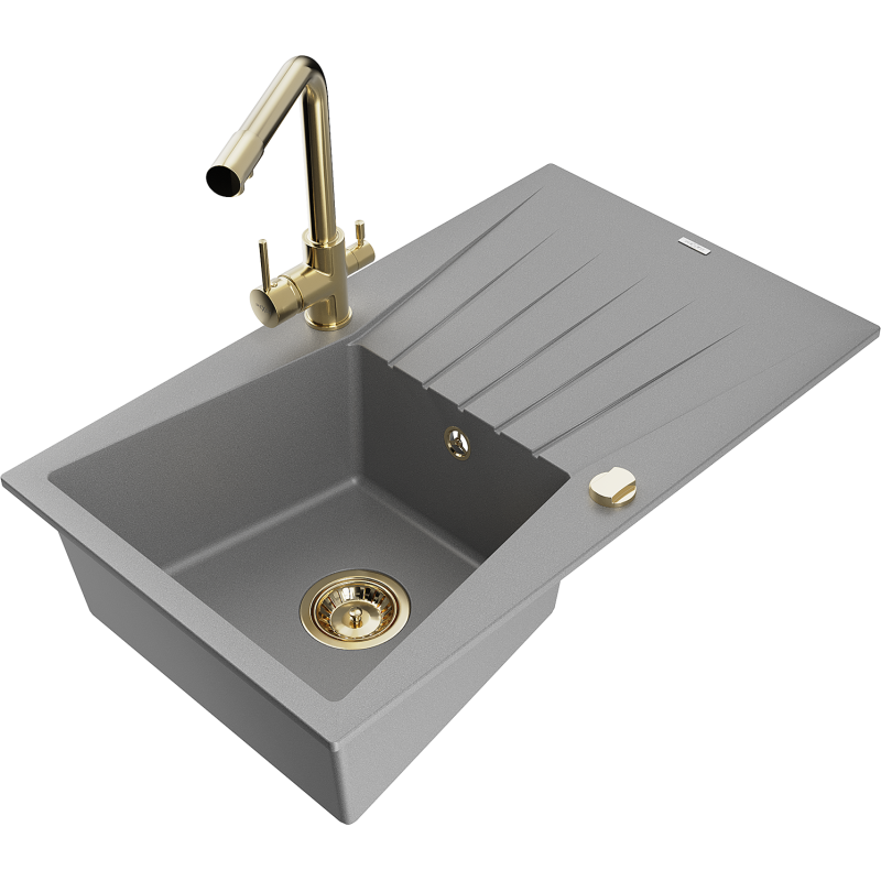 Mexen Cesar fregadero de granito de 1 cubeta con escurridor y grifo de cocina Duero, gris - 6514-71-671600-50