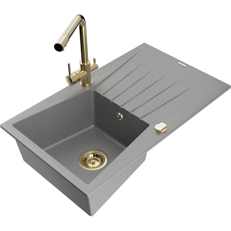 Mexen Cesar fregadero de granito de 1 seno con escurridor y grifo de cocina Duero, gris - 6514-71-671600-50