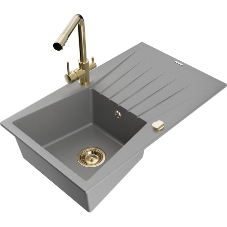Mexen Cesar granite kitchen sink 1-bowl with drainer and Duero faucet, gray - 6514-71-671600-50