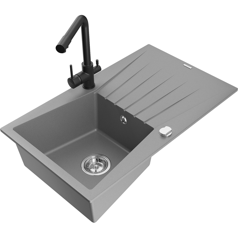 Mexen Cesar fregadero de cocina de granito de 1 cubeta con escurridor y grifo de cocina Duero, gris - 6514-71-671600-70