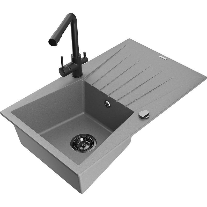 Mexen Cesar fregadero de granito de 1 seno con escurridor y grifo de cocina Duero, gris - 6514-71-671600-70-B