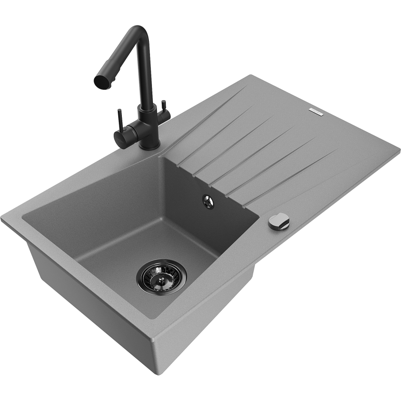 Mexen Cesar granite sink 1-bowl with drainer and Duero kitchen tap, grey - 6514-71-671600-70-B