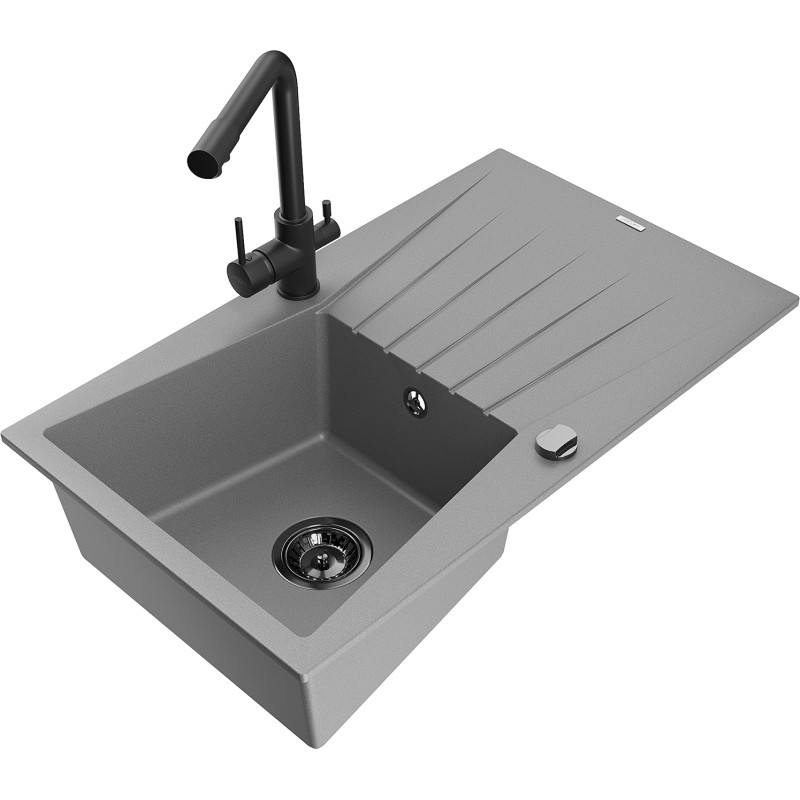 Mexen Cesar Granitspüle 1-Becken mit Abtropffläche und Küchenarmatur Duero, grau - 6514-71-671600-70-B