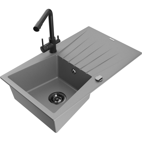 Mexen Cesar granite sink 1-bowl with drainer and Duero kitchen tap, grey - 6514-71-671600-70-B
