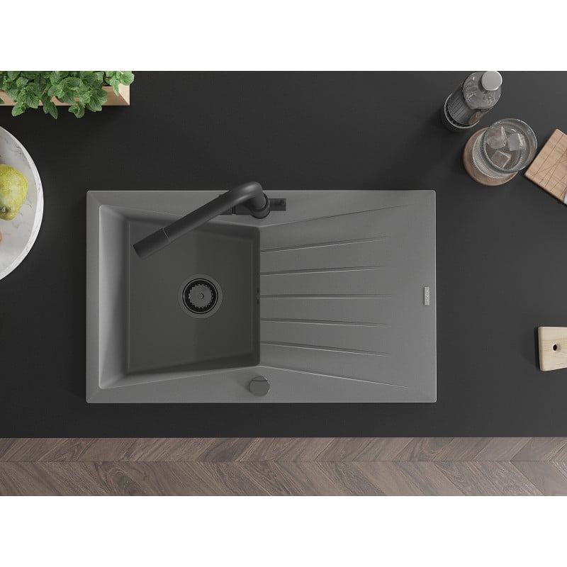 Mexen Cesar fregadero de granito de 1 seno con escurridor y grifo de cocina Duero, gris - 6514-71-671600-70-B