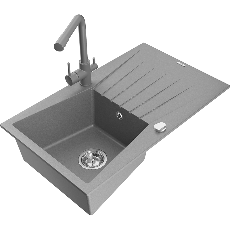 Mexen Cesar fregadero de granito de 1 seno con escurridor y grifo de cocina Duero, gris - 6514-71-671600-71