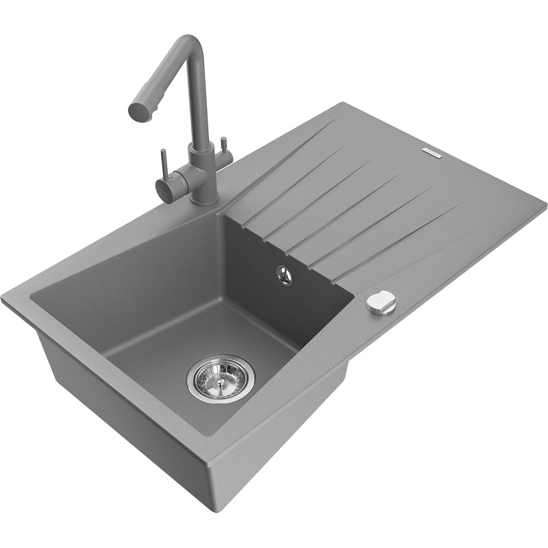 Mexen Cesar fregadero de granito de 1 sola cámara con escurridor y grifo de cocina Duero, gris - 6514-71-671600-71