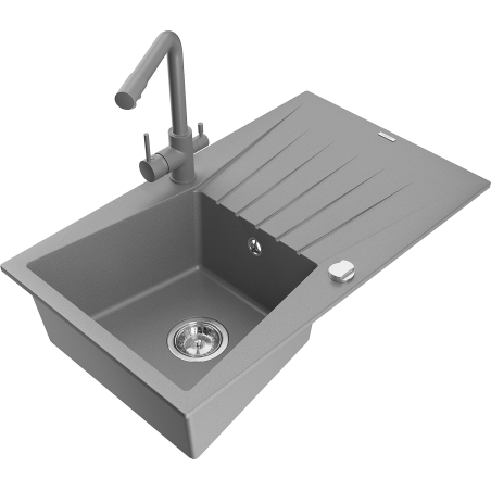 Mexen Cesar 1-bowl granite sink with drainer and kitchen faucet Duero, gray - 6514-71-671600-71