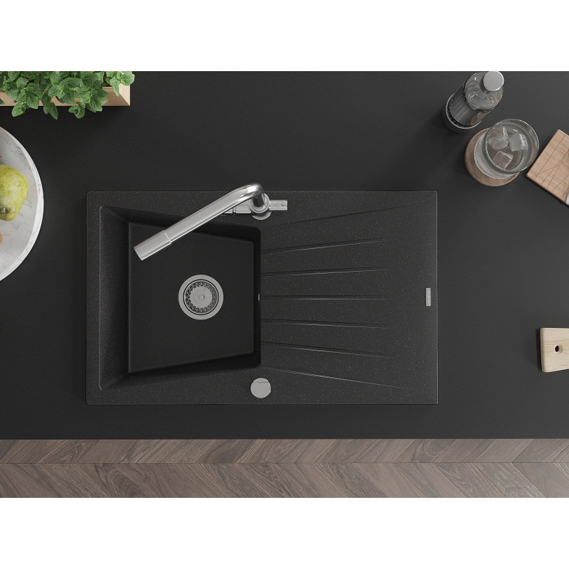 Mexen Cesar Granitspüle 1-beckig mit Abtropffläche und Küchenarmatur Duero, schwarz/silber metallic - 6514-73-671600-00