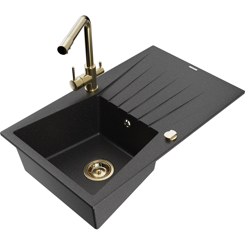 Mexen Cesar granite sink 1-bowl with drainer and Duero kitchen tap, black/silver metallic - 6514-73-671600-50