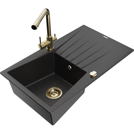 Mexen Cesar fregadero de granito de 1 seno con escurridor y grifo de cocina Duero, negro/metálico plateado - 6514-73-671600-50