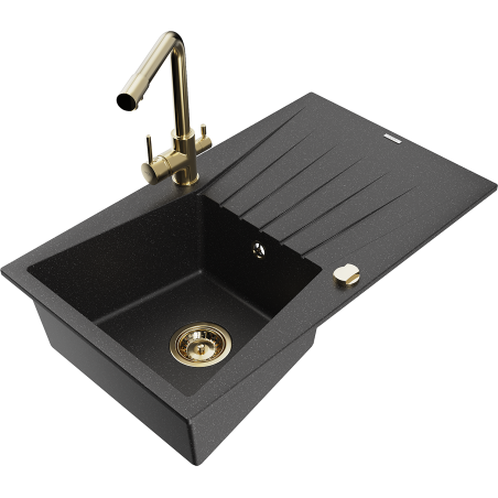 Mexen Cesar granite sink 1-bowl with drainer and Duero kitchen tap, black/silver metallic - 6514-73-671600-50
