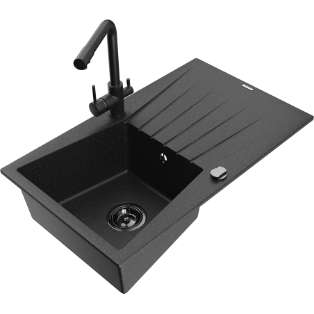 Mexen Cesar granite sink 1-bowl with drainer and Duero kitchen tap, black/silver metallic - 6514-73-671600-70-B