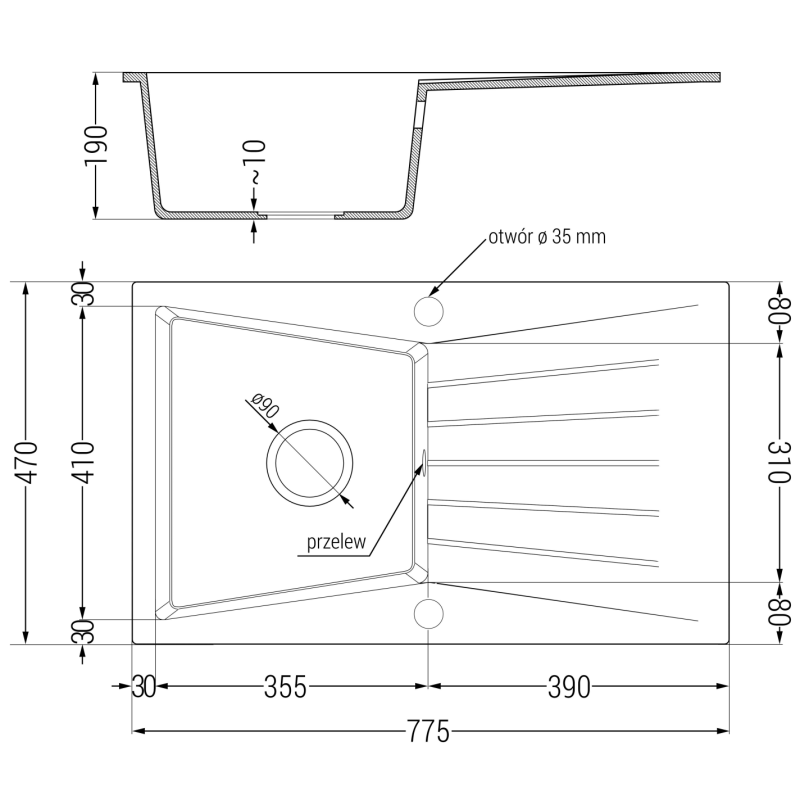 Mexen Cesar granieten spoelbak met 1 kuip en afdruipvlak en keukenkraan Duero, zwart/zilver metallic - 6514-73-671600-70-B