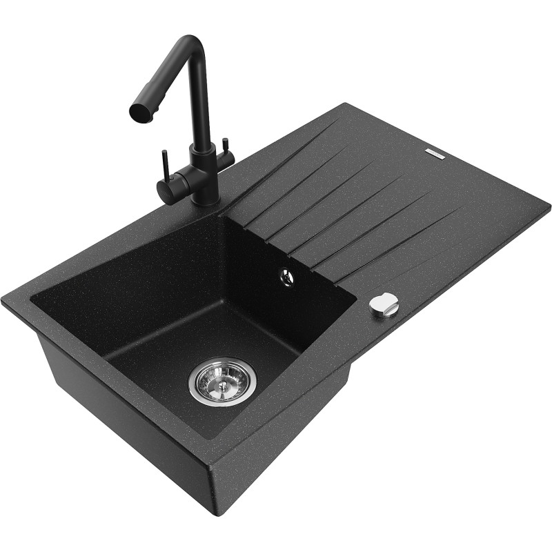 Mexen Cesar fregadero de granito de 1 cubeta con escurridor y grifo de cocina Duero, negro/metálico plateado