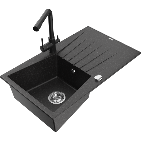 Mexen Cesar granite sink 1-bowl with drainer and Duero kitchen tap, black/silver metallic - 6514-73-671600-70