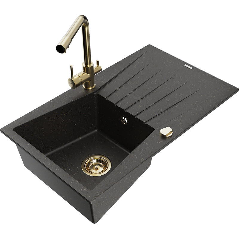 Mexen Cesar fregadero de granito 1-cubeta con escurridor y grifo de cocina Duero, negro/dorado metálico - 6514-75-671600-50