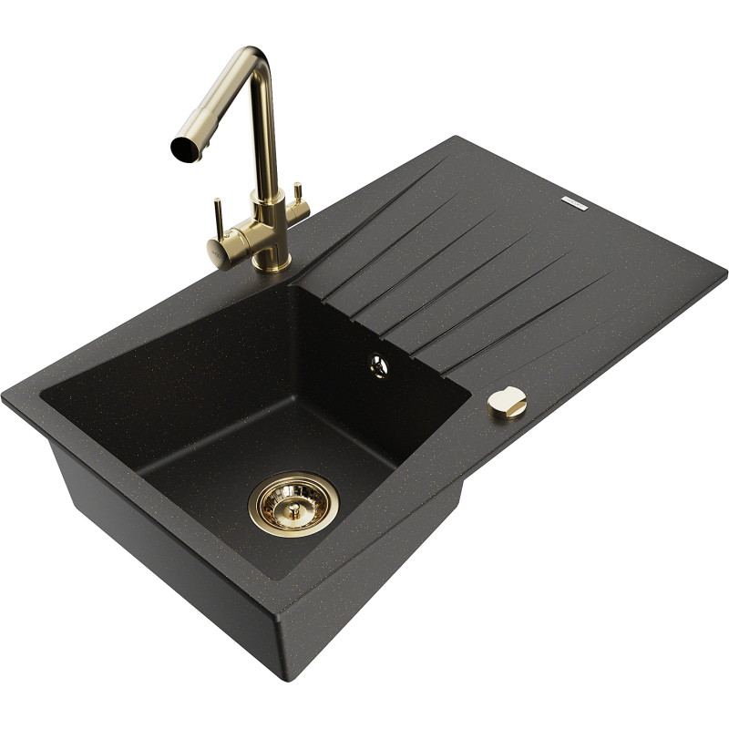 Mexen Cesar granieten spoelbak met 1 kom met afdruiprek en keukenmengkraan Duero, zwart/goud metallic - 6514-75-671600-50