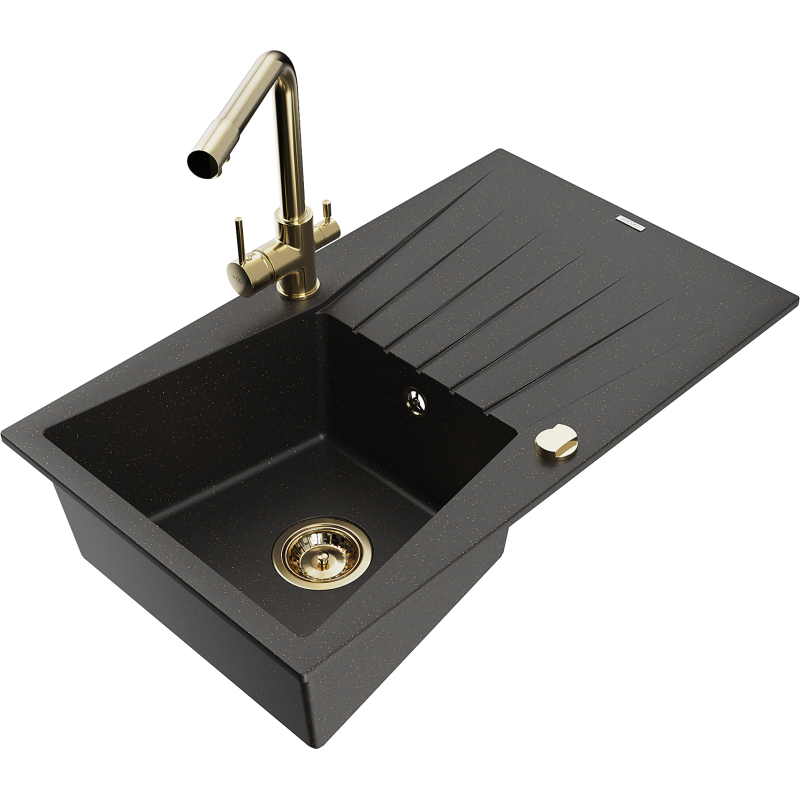 Mexen Cesar granite 1-bowl kitchen sink with drainer and Duero kitchen tap, black/golden metallic - 6514-75-671600-50