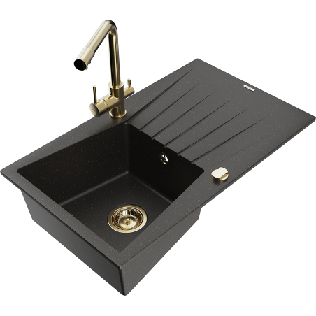 Mexen Cesar granite 1-bowl kitchen sink with drainer and Duero kitchen tap, black/golden metallic - 6514-75-671600-50
