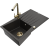Mexen Cesar granieten gootsteen met 1 bak met afdruiprek en keukenmengkraan Duero, zwart/goud metallic - 6514-75-671600-50