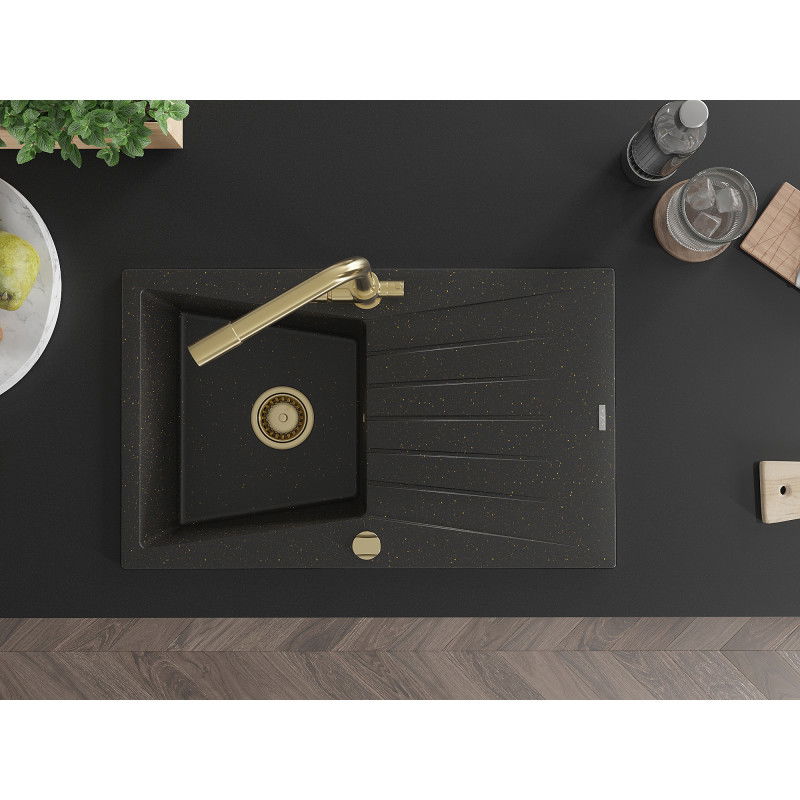 Mexen Cesar granieten gootsteen, 1-komors met afdruiprek en keukenmengkraan Duero, zwart/goud metallic - 6514-75-671600-50