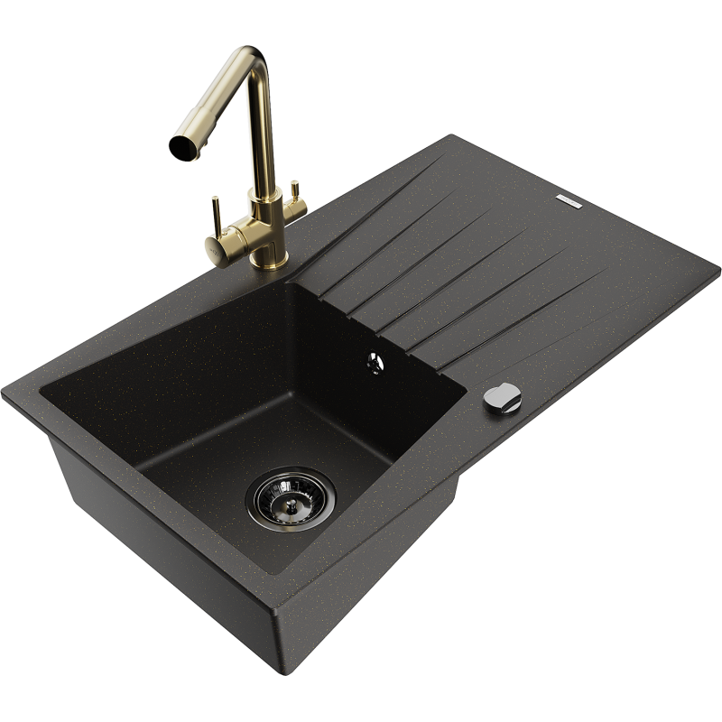 Mexen Cesar 1-bowl granite sink with drainer and Duero kitchen tap, black/gold metallic - 6514-75-671600-50-B