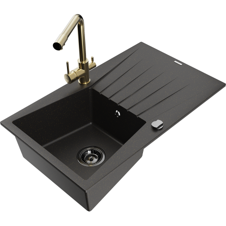 Mexen Cesar 1-bowl granite sink with drainer and Duero kitchen tap, black/gold metallic - 6514-75-671600-50-B