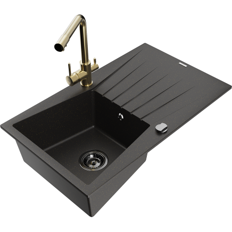 Mexen Cesar fregadero de granito de 1 seno con escurridor y grifo de cocina Duero, negro/oro metálico - 6514-75-671600-50-B
