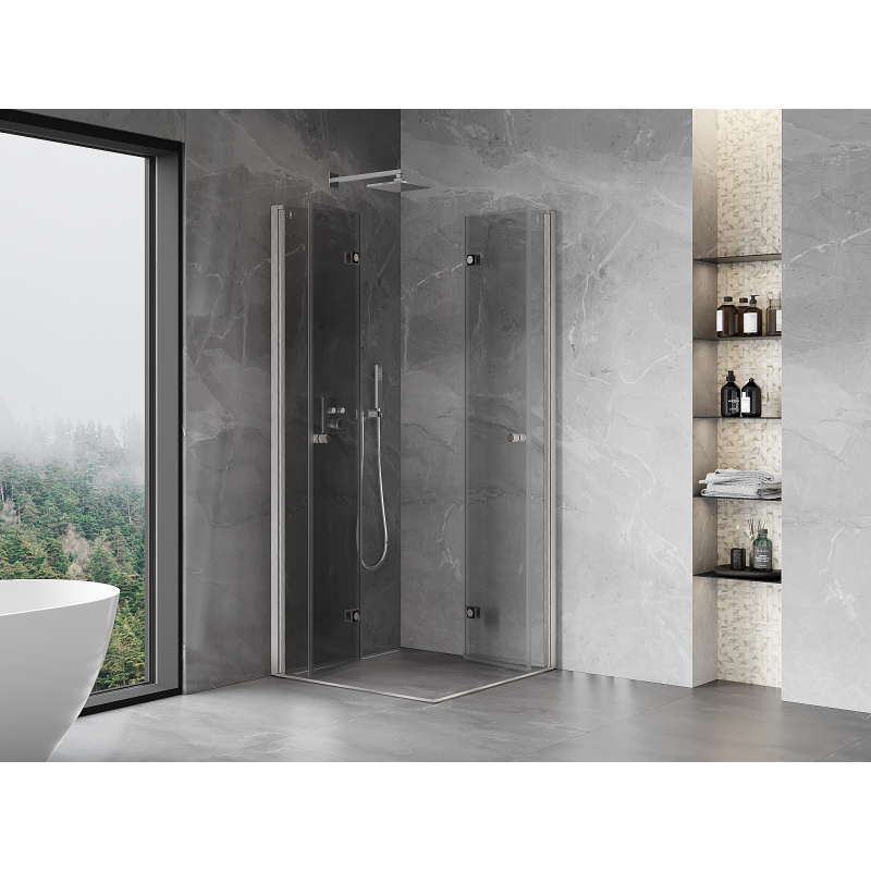 Mexen Mist-F Διπλή πτυσσόμενη καμπίνα ντους 90 x 90 cm, διάφανη, με βουρτσισμένο