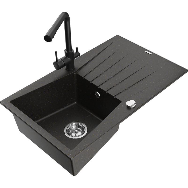 Mexen Cesar fregadero de granito de 1 seno con escurridor y grifo de cocina Duero, negro/dorado metálico - 6514-75-671600-70