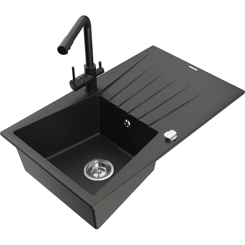 Mexen Cesar Granitspüle 1-beckig mit Abtropffläche und Küchenarmatur Duero, schwarz/gold metallisch - 6514-75-671600-70