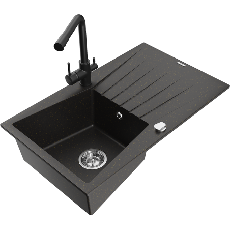 Mexen Cesar fregadero de granito de 1 seno con escurridor y grifo de cocina Duero, negro/dorado metálico - 6514-75-671600-70