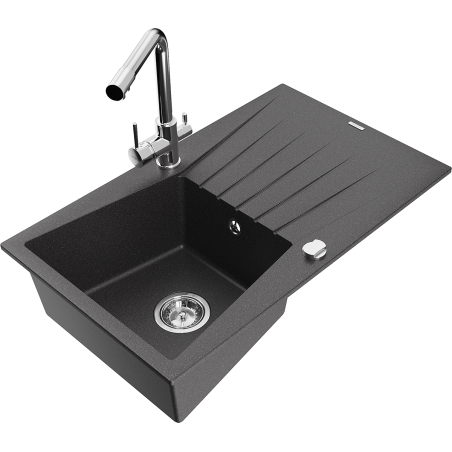 Mexen Cesar granite sink 1-bowl with drainer and kitchen faucet Duero, black speckled - 6514-76-671600-00
