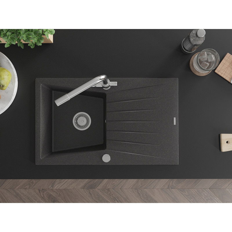 Mexen Cesar fregadero de granito de 1 cubeta con escurridor y grifo de cocina Duero, negro moteado - 6514-76-671600-00