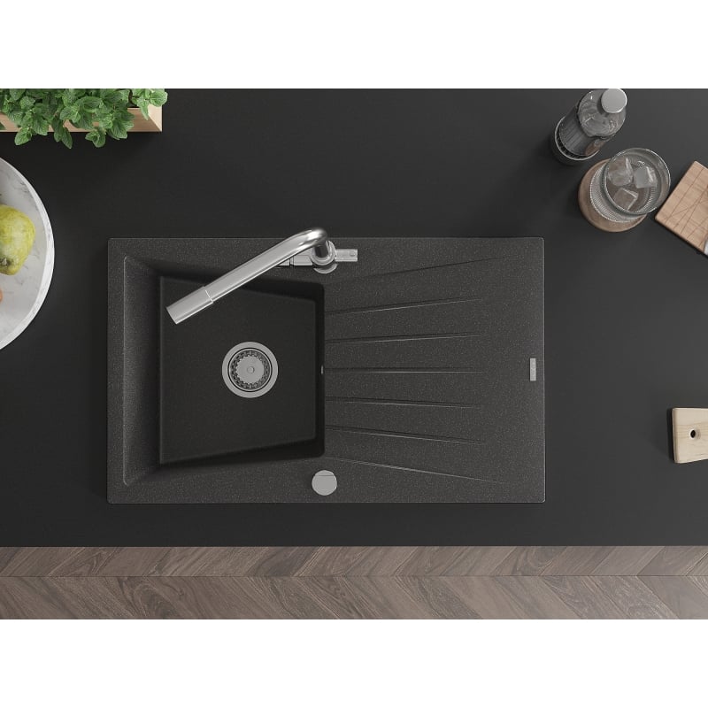 Mexen Cesar granite sink 1-bowl with drainer and kitchen faucet Duero, black speckled - 6514-76-671600-00