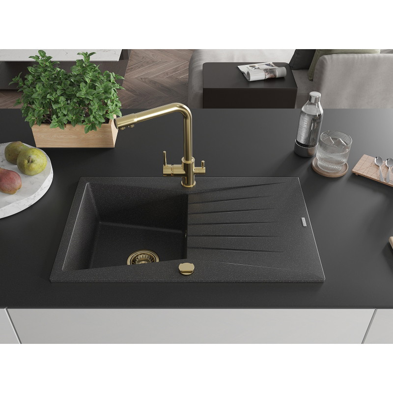 Mexen Cesar fregadero de granito de 1 compartimento con escurridor y grifo de cocina Duero, negro moteado - 6514-76-671600-50