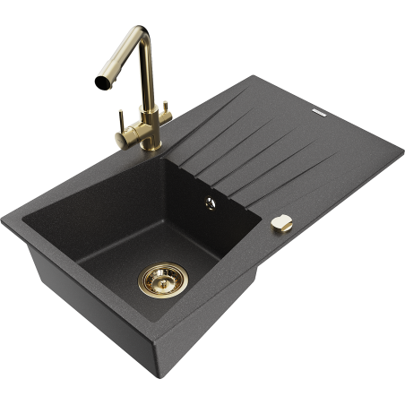 Mexen Cesar 1-bowl granite kitchen sink with drainer and Duero kitchen tap, black speckled - 6514-76-671600-50