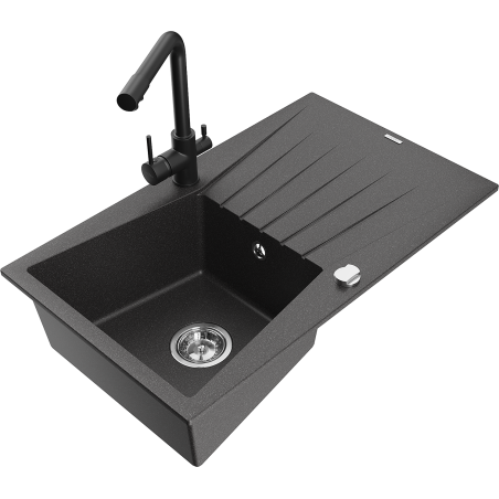 Mexen Cesar fregadero de granito de 1 compartimento con escurridor y grifo de cocina Duero, negro moteado - 6514-76-671600-70