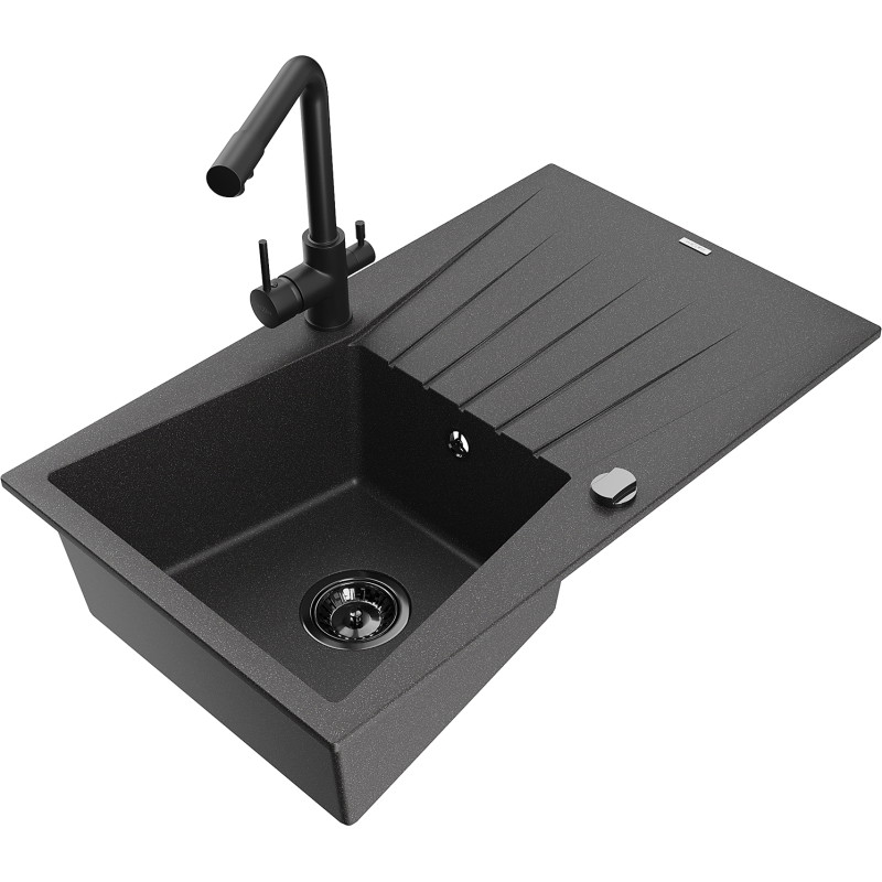 Mexen Cesar fregadero de cocina de granito de 1 cubeta con escurridor y grifo Duero, negro moteado - 6514-76-671600-70-B