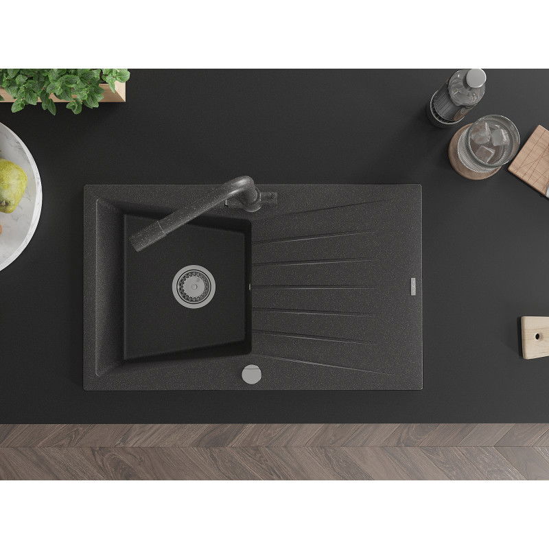 Mexen Cesar fregadero de granito 1 cubeta con escurridor y grifo de cocina Duero, negro moteado - 6514-76-671600-76