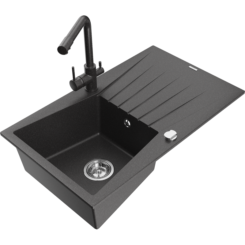 Mexen Cesar granite sink 1-bowl with drainer and Duero kitchen tap, black speckled - 6514-76-671600-76