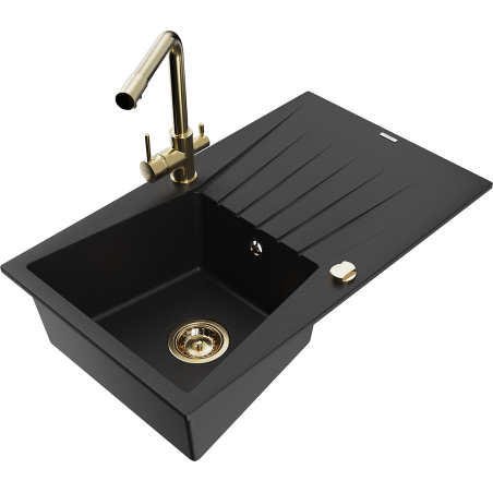 Mexen Cesar granite sink 1-bowl with drainer and Duero kitchen tap, black - 6514-77-671600-50