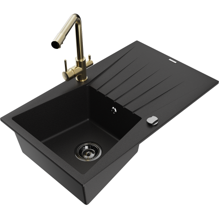 Mexen Cesar fregadero de granito de 1 cubeta con escurridor y grifo de cocina Duero, negro - 6514-77-671600-50-B