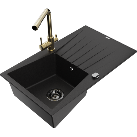 Mexen Cesar granite sink, 1-bowl with drainer and Duero kitchen tap, black - 6514-77-671600-50-B