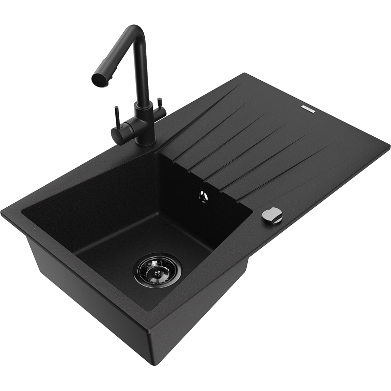 Mexen Cesar 1-bowl granite sink with drainer and Duero kitchen tap, black - 6514-77-671600-70-B