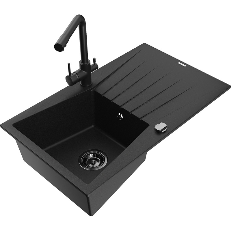 Mexen Cesar fregadero de granito de 1 compartimento con escurridor y grifo de cocina Duero, negro - 6514-77-671600-70-B