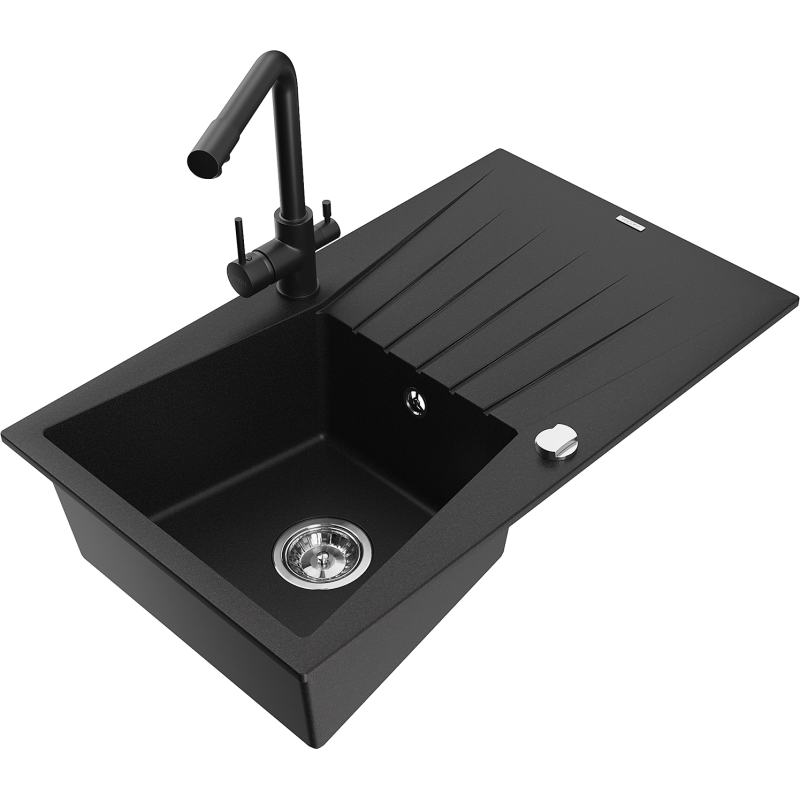 Mexen Cesar fregadero de granito de 1 cubeta con escurridor y grifo de cocina Duero, negro - 6514-77-671600-70