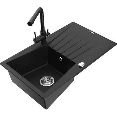 Mexen Cesar fregadero de granito de 1 cubeta con escurridor y grifo de cocina Duero, negro - 6514-77-671600-70